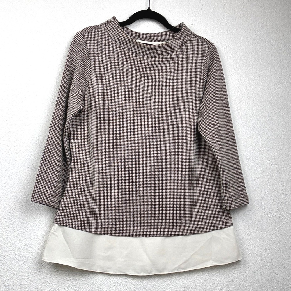 Ann Taylor Brown Houndstooth Faux Layer Top - M - Boat Neck Workwear Preppy 2in1